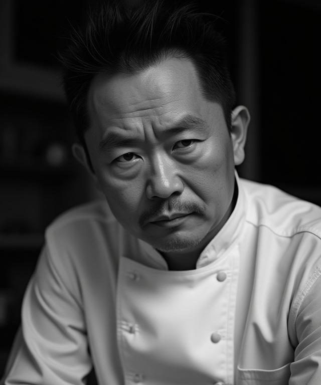 料理長、田中健司氏の思慮深いモノクロのポートレート