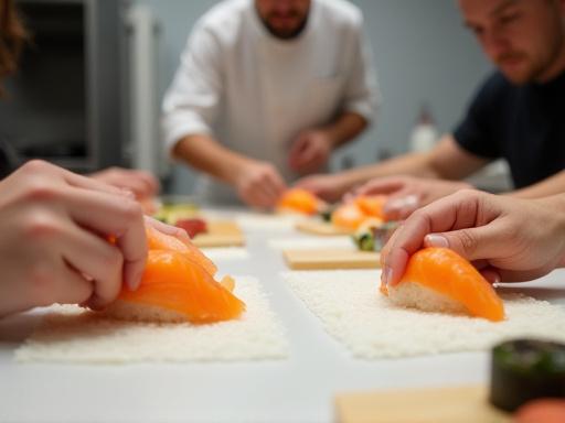 参加者が寿司を握る練習をしている料理教室の様子