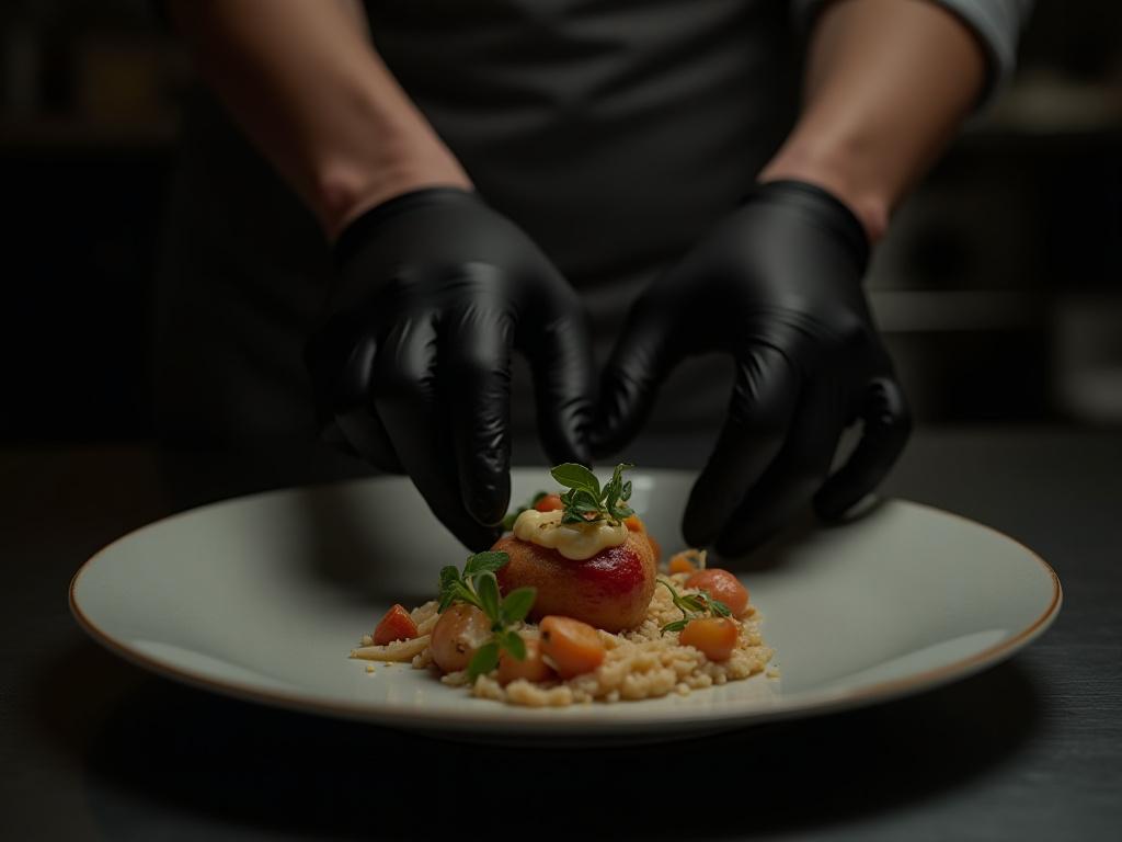 シェフが黒い手袋で繊細な料理を盛り付けている様子